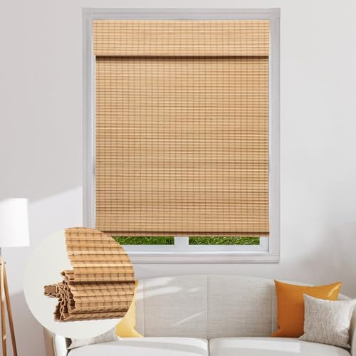 SEEYE Cordless Bamboo Roman Shades, Blackout Natural Bamboo Blinds for Indoor Windows, Roll Up Blind Privacy Shade for Home, Office, Door, UV Resistant & Easy to Install, 30 W x 64 H, Carbonized