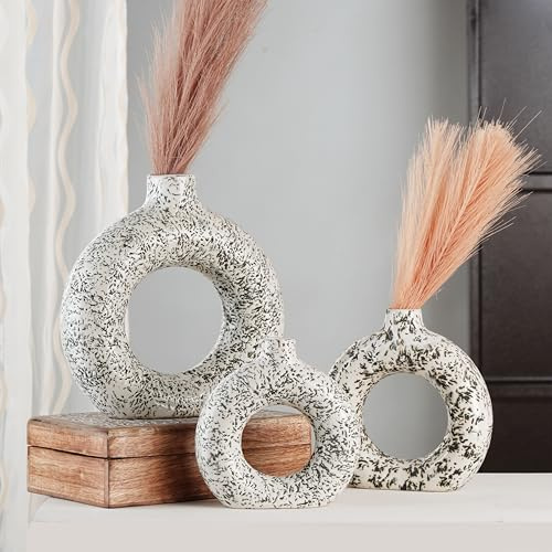 Ajuny Donut Vases Set of 3 White Grey Ceramic Flower Vases for Home Decor | Modern Hollow Ceramic Vases for Pampas Grass Flowers Table Centrepieces Weddings Living Room Office and Housewarming Gifts