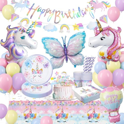 yosiio Unicorn Party Decorations, Unicorn Birthday Decoration Set, Children's Tableware With Balloons for Girls Birthday Party Supplies 16 Guests