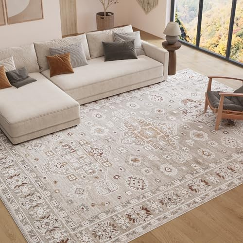 TAPISO Trend Teppich Kurzflor – Hochwertiger Vintage – eleganter Wohnzimmerteppich in Creme und Braun – abstrakte Blumen mit Rahmen 80 x 150 cm
