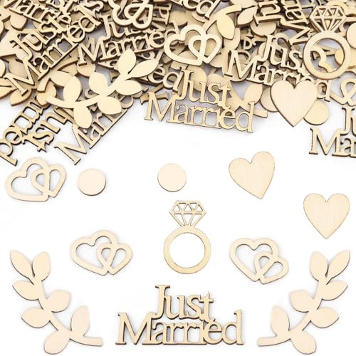 120 Stück Holz Konfetti Hochzeit Deko,Just Married Deko Hochzeit Tischdeko,Streudeko Holz Konfetti Hochzeitsdeko Tisch, Holzherzen Deko - 1.5-6.3cm Babyparty