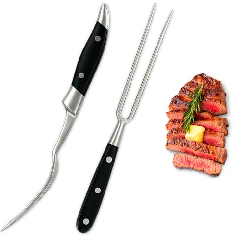2 Pcs Carving Fork for Meat 11,8 inch - Stainless Steel Meat Fork with Heat-Resistant Handle for Grilling, Cooking, Serving - Straight and Curved Carving Utensils with Classic Two-Prong BBQ Design