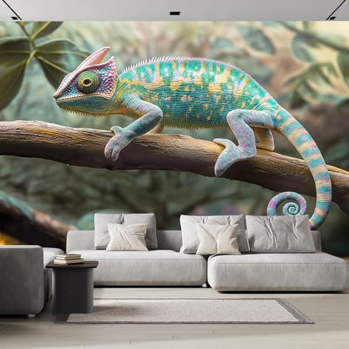 Fototapete 3D Effekt 150×105cm Seidenstoff FüR Wohnzimmer Schlafzimmer Wanddekoration, Zweig Chamäleon Fototapeten Wandtapete Tier Wandbild Fototapete
