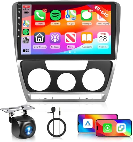 4G+64G Hodozzy Radio de Coche para VW Skoda Octavia 2 2007-2014 con Carplay Android Auto Inalámbrico, Pantalla Táctil de 10 Pulgadas Radio 2 DIN con GPS Bluetooth, WiFi DSP FM/RDS Radio, Cámara