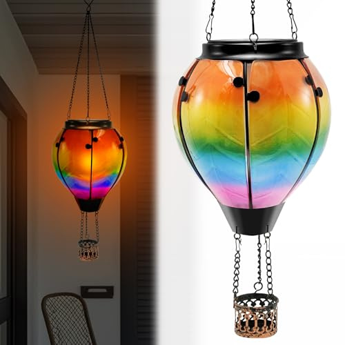 Fyeme LED Solar Heißluftballon 52cm Solar Intelligenter Lichtsensor Wasserdicht Solarlaterne für Außen für Veranda Baum Pavillon Balkon Fensterbank (Heißluftballon)