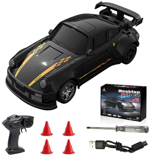 KBIBCK Coche Teledirigido, Coche Teledirigido Drift, 1:64 Drift RC Car, 4WD Mini Coche Teledirigido con Kit Barricada, Radiocontrol Coche de Juguete para Adultos y Niños Mayores de 5 Años, Negro