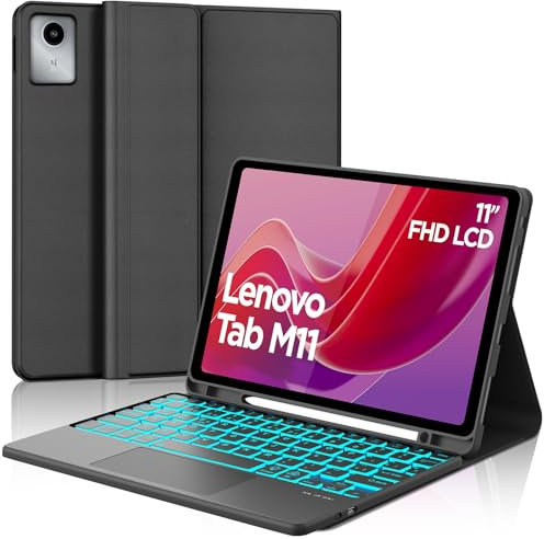 WAVATA Funda con Teclado para Lenovo Tab M11 2024, Español Ñ Teclado para Tab M11- Trackpad Teclado Inalámbrico Bluetooth Retroiluminado para Lenovo Tab M11 2024- Negro