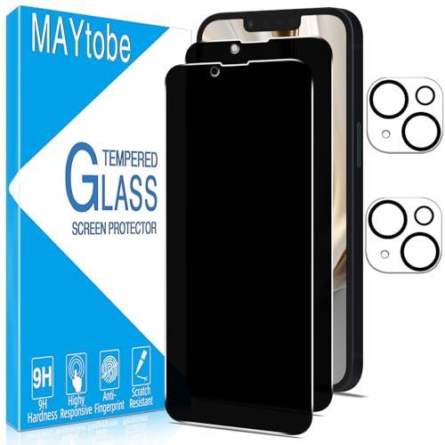 MAYtobe 2 Pack Privacy Screen Protector for iPhone 14 Plus with 2 Pack Camera Lens Protector, Anti Spy Tempered Glass, Case Friendly, Anti-Scratch, Ultra Resistant, No Bubbles