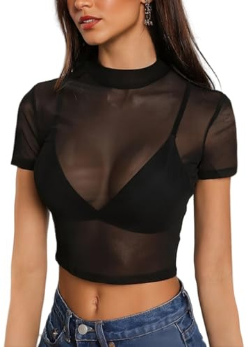 Hybursky Womens Short Sleeve Mesh Crop Top See Through Mock Neck Sheer Blouses Y2K Going Out Tops Club Outfits Shirts Casual Sexy Slim Fit T-Shirt for Party Clubwear