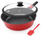 Bobikuke poêle en pierre 24 cm avec couvercle, Antiadhésive Poêle à frire en aluminium à haut bord avec poignée amovible, pour toutes les cuisinières|anti-rayures|anti-adhésif (Rouge-Noir)