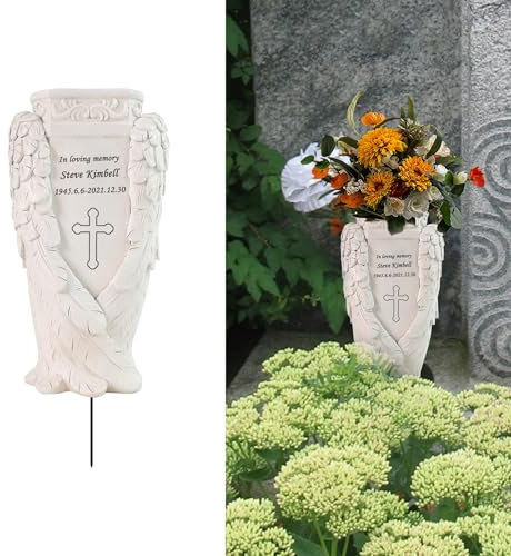 Friedhof Vase Grab Vase mit Spike für Friedhof personalisiert, Engelsflügel Grab Blumenhalter Grab Markierungen Friedhof Dekorationen Grabsteine Grabsteine Grabsteine Memorial Geschenke