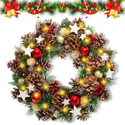 RDDAIPE 30CM Ghirlanda Natalizia per Porta con Luci, Ghirlande Natalizie per Porta con 30LED, Pigne, Palline e Bacche, Ghirlanda di Natale per Decorazione di Porte d'ingresso,Scale,Caminetti