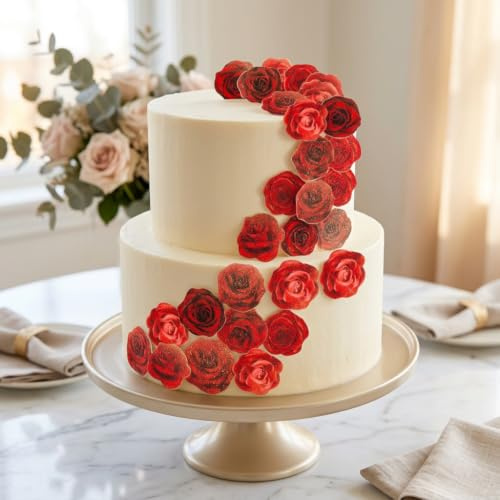 Anglesit Pre-Cut Glittery Red Roses Edible Rice Wafer Paper Flowers Cupcake Toppers Shimmery Golden Sparkling Cake Decorations Birthday Wedding Party