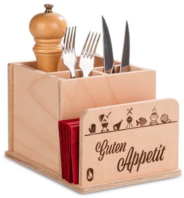 HOTTY – Besteckkorb Guten Appetit Besteckkasten handgefertigt aus Holz für Tisch – Besteckhalter-Organizer für Besteck, Servietten & Saucen – Stilvoller Tischbutler – Ideal für BBQ-Grillpartys