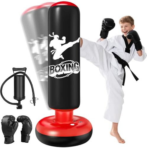 Qoosea Boxsack für Kinder von 6–12 Jahren, 160cm Standboxsack Aufblasbarer mit Boxhandschuhe Boxsack Stehender, Geschenk für Jungen und Mädchen Üben von Karate, Kickboxen,Taekwondo, MMA