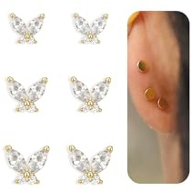 3 Paar 925 Silber Pfosten CZ Ohrringe Stecker Ohrstecker Ohr Piercing Set | 16K Gold Plattiert Medizinische Flachrücken Ohrringe für Damen, Schmetterling Tragus Piercing Schmuck