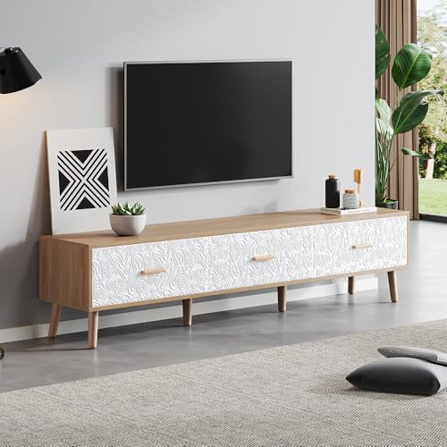 VIVCA TV Low Panel Vintage 150 * 35 * 39cm, TV-Schrank Holz TV-Tisch - Wohnzimmer Schlafzimmer, helles Holz, Vintage Grain weiße Türverkleidung.