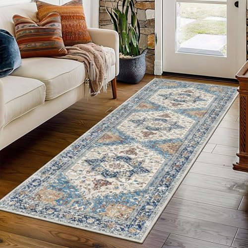 Hallway Runner Rug 60x180cm- Kitchen Rugs Washable Non-Slip Long Carpet Runners for Hallways, Soft Vintage Persian Floor Carpet Runner Rugs, Low Pile Runner for Entryway Bedroom Living Room Beige Blue