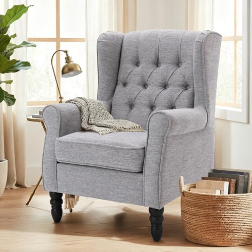 MALOL Fauteuil Vintage Mi-Siècle, Fauteuil à Oreilles Rembourré avec Capitonnage Boutonné, Housse en Tissu et Pieds en Bois Massif pour Salon, Bureau, Café - Gris Clair