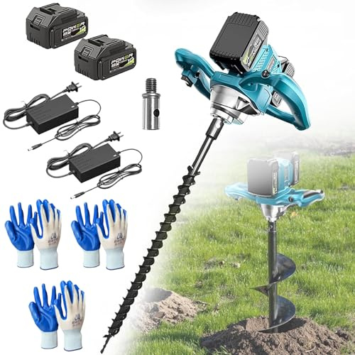 1200W Cordless Fence Post Auger, Electric Post Hole Digger with 2 Batteries, 1200Nm High-Torque Earth Borer, 6-Speed Control & Reverse Function, for Fencing, Planting & Garden Blue 100mm