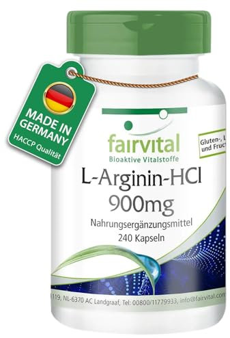 Fairvital | L-Arginine HCl 900 mg - 4.500mg d'Arginine HCL dont 3.736mg de L-Arginine pure par dose journaliére - VEGAN - Fortement dosé - 240 capsules