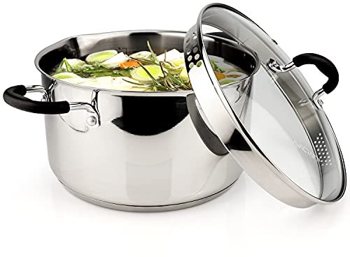 AVACRAFT Marmite en acier inoxydable avec couvercle passoire en verre, casserole de 6 litres, casseroles de 6 litres, bec latéral, polyvalente, sauce, soupe, poêle à induction, (fond capsule 5 plis, 6