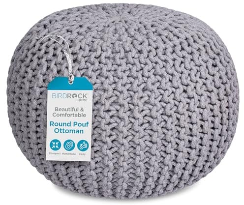 BIRDROCK HOME Round Pouf Ottoman | Cotton Braided Foot Stool with Bean Bag Filling | Boho Foot Rest for Living Room & Bedroom | Compact & Comfortable Seating, Lightweight & Soft | Light Grey