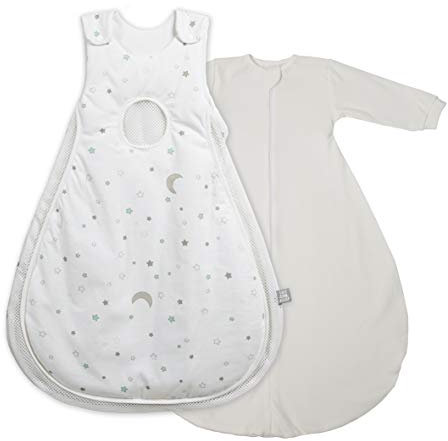 roba Babyschlafsack 74/80 cm Air PLUS Sternenzauber + Strampelsack mit Ärmeln - safe asleep - Schlafsack ganzjährig für Neugeborene - Weiß mit Stern Motiv
