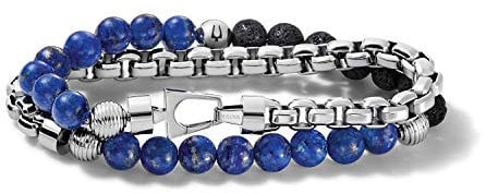Bulova Jewelry Men's Classic Double-Wrap Box Chain and Beaded Bracelet with Tuning Fork Closure, M, Leather Metal, Lapis Lazuli