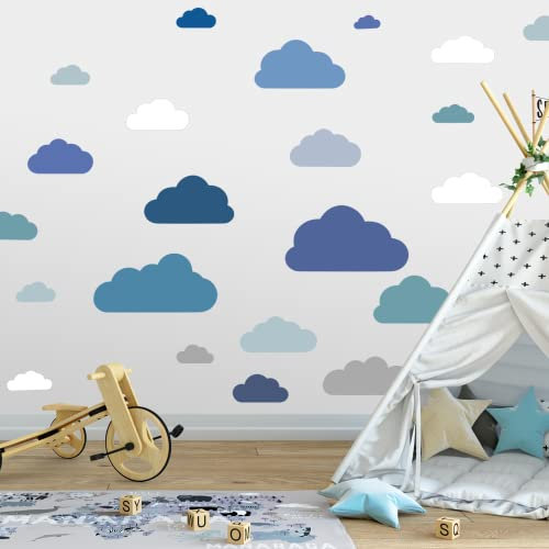 ELES VIDA - 20 Blaue Wolken Wandtattoo Kinderzimmer Set - Rauhfaser Wandsticker, Pastell Farben, Baby Tapete Sticker zum Kleben, Wandaufkleber Sleepy Eye Wanddeko - Wandfolie, Mädchen