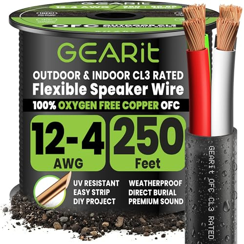 GEARit Speaker Wire 12 Gauge 250 ft,UL CL3 Rated Speaker Cable 12 AWG Copper Wire with Polarity Mark,Audio Cable for in-Wall,Home,Car,Outdoor,Garden,Commercial Audio Systems,OFC(Black,4-Cores)