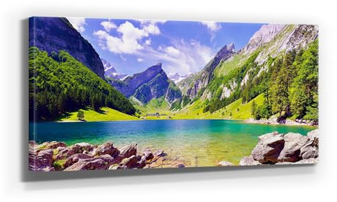 Atemberaubendes Berg-Panorama-Bild - Seealpsee mit Säntis - als 110x50cm großes XXL Leinwandbild. Wandbild als Hintergrund und Deko für Wohnzimmer & Schlafzimmer. Aufgespannt auf Holzrahmen