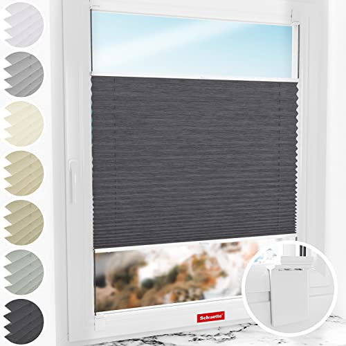 Schuette® Plissee ohne Bohren zum Kleben ● Dolomite Kollektion: Dark Vintage (Grau) ● 145x120cm (Breite x Höhe) ● Suprafix Faltrollo Klebehalterung ● Bequeme Rollo Montage inkl. Video