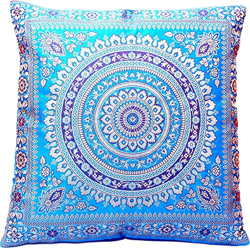 Türkis Blau Seide Kissenbezug | Zierkissenbezug | Sofakissenbezug | Dekokissen | Zierkissen aus Indien - 40 x 40 cm *Handgewebt und handgenäht von Kunsthandwerkern aus Kaschmir-Indien