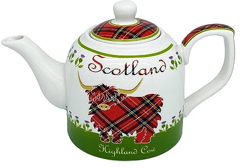Royal Tara Teekanne aus Knochenporzellan mit Highland-Kuh Weißes und grünes Keramik-Teesieb, Schottisches Küchengeschirr