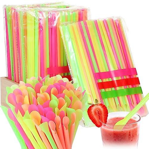 Eaasty 2600 Pcs Disposable Plastic Drinking Straws Bulk Sno-Cone Spoon Straws Bright Milkshake Snow Cone Straws, Bright Colors, Spoon