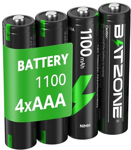 BATZONE 4 x AAA Rechargeable Batteries, Ni-MH 1100mAh High Capacity AAA Battery, 1200 Tech Ni-MH Batteries, Low Self-discharge 1.2V AAA, with Battery Protection Box