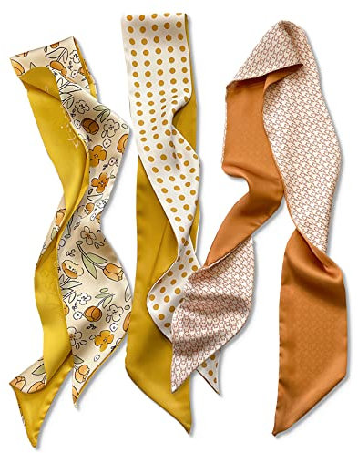 LumiSyne 3 Stück Seidenschal Skinny Schal Damen Mädchen Schmaler Lange Halstuch Frischer Blume Druck Schachbrett Polka Dots Muster Satin Ribbon Seidentüch Kopfschmuck Haarschal Handtasche Griff Band