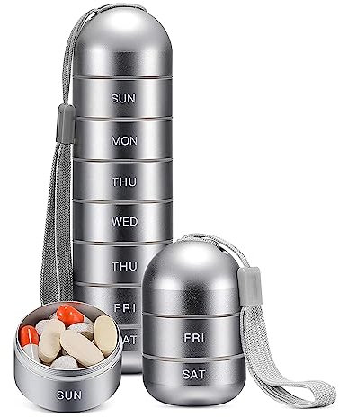 HDAKDDHG Metall-Pillendose, wöchentlich, stapelbar, wasserdicht, für Reisen, Wandern, 7 Tage, Datumsanzeige, großes Fach für Pillen, Vitamine, Kapseln, Fischöl, Nahrungsergänzungsmittel (grau)