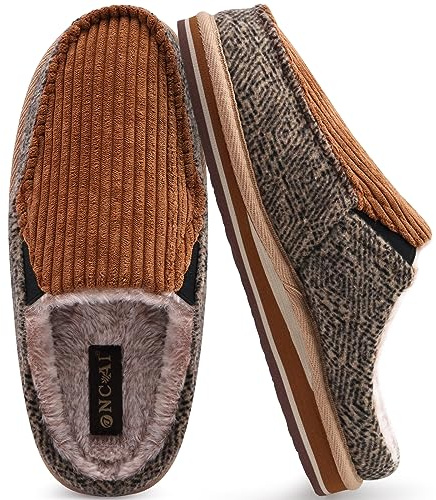 ONCAI Hausschuhe Herren Komfort Pantoffeln Plüsch Streifen Hüttenschuhe Wärme Cord Flauschig Slipper mit Memory Foam Kariert Rutschfest Gummisohle Größe 40-50