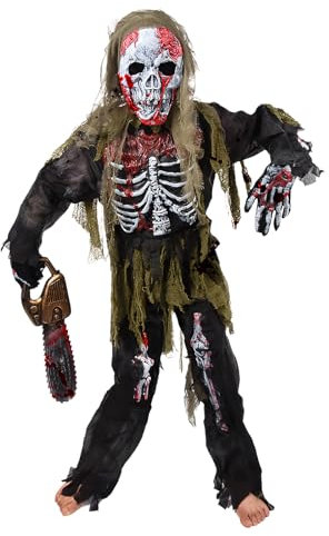 Ulikey Disfraz Zombie Niño, Conjunto de Disfraz de Zombie Esqueleto de Halloween Aterrador, Traje Esqueleto Niño con Juguetes de Motosierra, Guantes de Esqueleto, Máscara de Zombie (M)