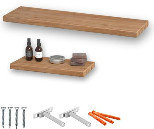 holz4home® 2-TLG. Wandregal-SET aus massivem Eichenholz I Größe: 40cm + 70cm I Ohne Baumkante I Natur Geölt I Wandboard für Innen I Wanddeko im modernen Stil für Wohnzimmer und Flur