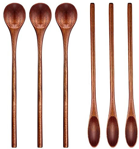 Doumneou 6 cucchiai in legno con manico lungo per mescolare caffè o tè, cucchiaino da tè manuale in legno, cucchiaio per mescolare la cucina