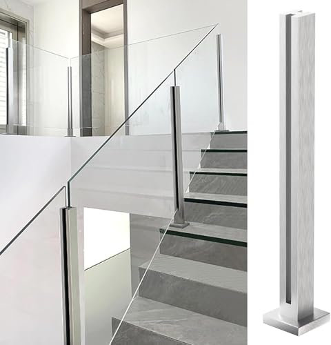 Cvter aus Edelstahl Glasgeländer pfosten mit Einsteckenden 90cm – Schwerlastbereich Glasmontageklemme für Veranda, Stufen, Garten, Terrasse, Treppe, Silbernes