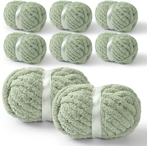 YUBAMIN Confezione da 8 gomitoli di filato Jumbo in ciniglia grosso, per uncinetto, artigianato e coperte, verde salvia, confezione da 8