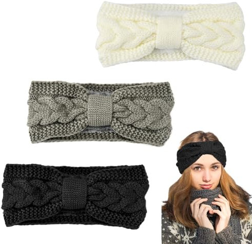 NAROSEBE 3PCS Bandeau Cheveux Femme Hiver, Bandeau Oreille Femme Bandeau Cheveux Femme Cache Oreille Tricoté Bandeau Femme Elastique, avec Doublure en Peluche, pour Femme Homme (Noir, Gris et Blanc)