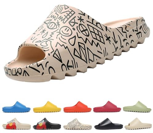 Slides Slippers for Women and Men Non-Slip Quick Dry Shower Slippers Ultra-Soft Thick Sole House Pillow Slides for Indoor & Outdoor (Letter white,9 UK)