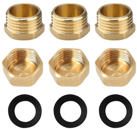 Youery 6 Stück Messing Kappe, 1/2 Zoll Außengewinde und Innengewinde Verschlusskappe mit Gummidichtungen, Messing Kappe Sechskant, Gewindefitting, Blindstopfen für Wasserleitung