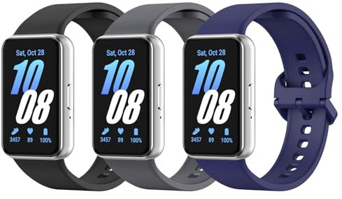 MoKo 3 PZS Correas de Reloj Compatible con Samsung Galaxy Fit 3 para Mujer Hombre, Pulsera Deportiva de Repuesto de Silicona Suave, Negro+Índigo+Gris Acero Platino