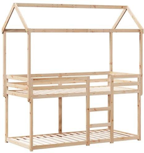 vidaXL Etagenbett, Hochbett mit Dach Leitplanken, Stockbett für Schlafzimmer, Bett Holzbett Einzelbett, 90x190cm Massivholz Kiefer